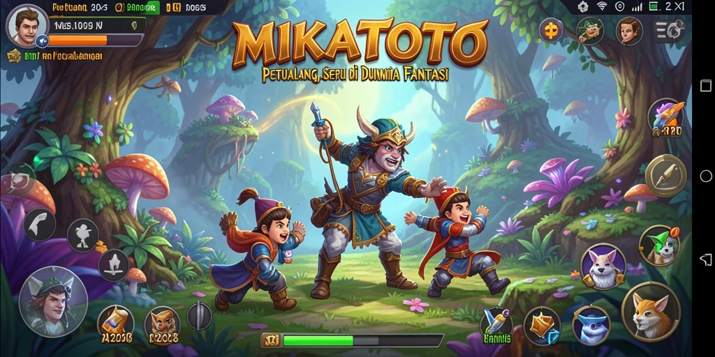 Antarmuka MIKATOTO yang menampilkan karakter dalam misi petualangan.